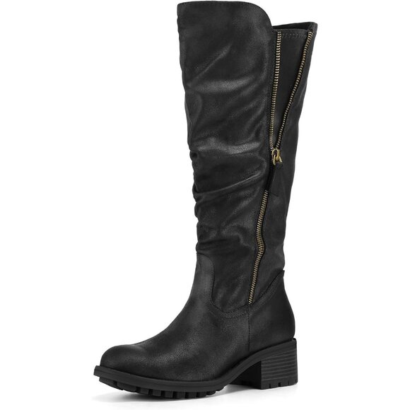 Women's Black Mysoft Knee High Boots Chunky Heel Lug Sole Side Zipper 2 Inch - Picture 1 of 8